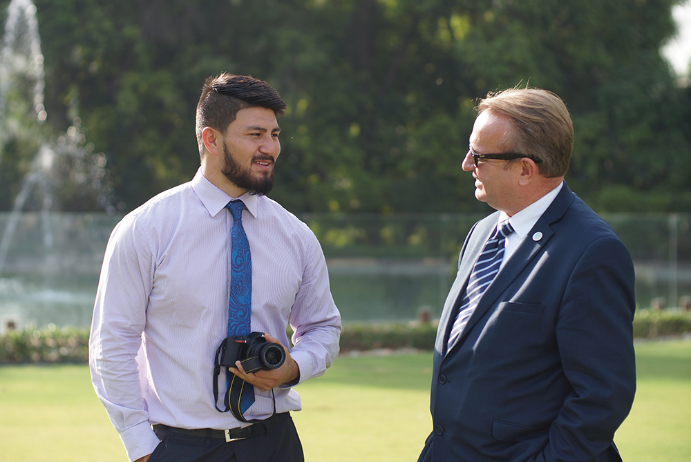 Abbas talking to Asia New ZEaland Foundation executive director Simon Draper