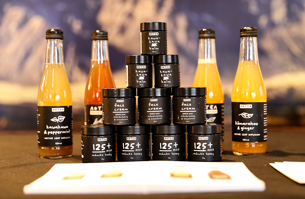 Aotea tonics, creams and balms lined up for display