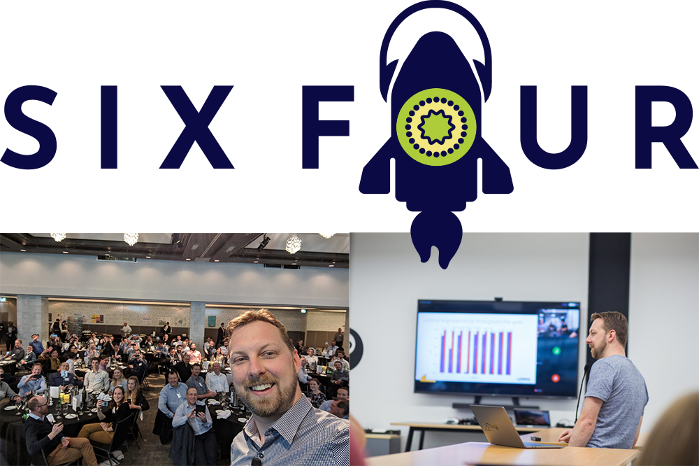 A montage of two photos of Bradley and his Six Four podcast logo