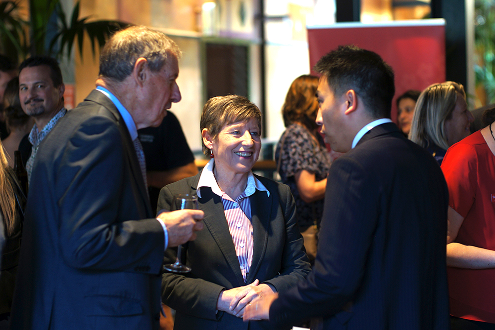 John Luxton chatting with Mayor Lianne Dalziel
