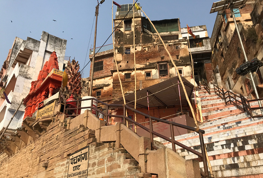 Looking up at old buildings