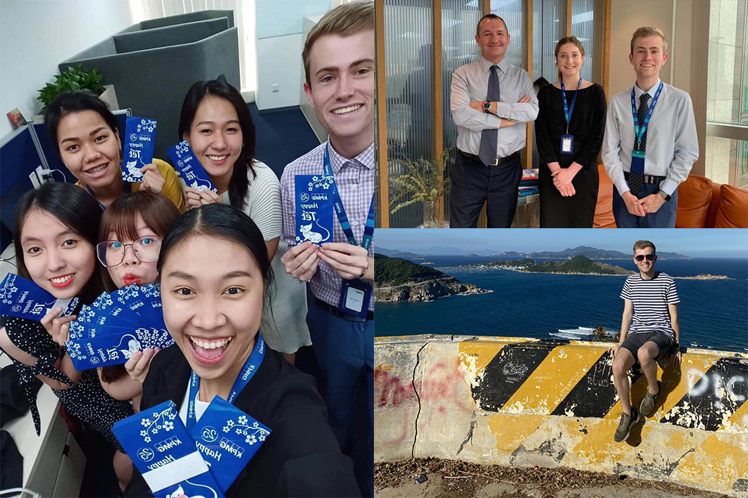 A montage of photos showing photos of Ethan with KPMG staff in Vietnam and sitting ona bollard with a view of the sea and islands behind him
