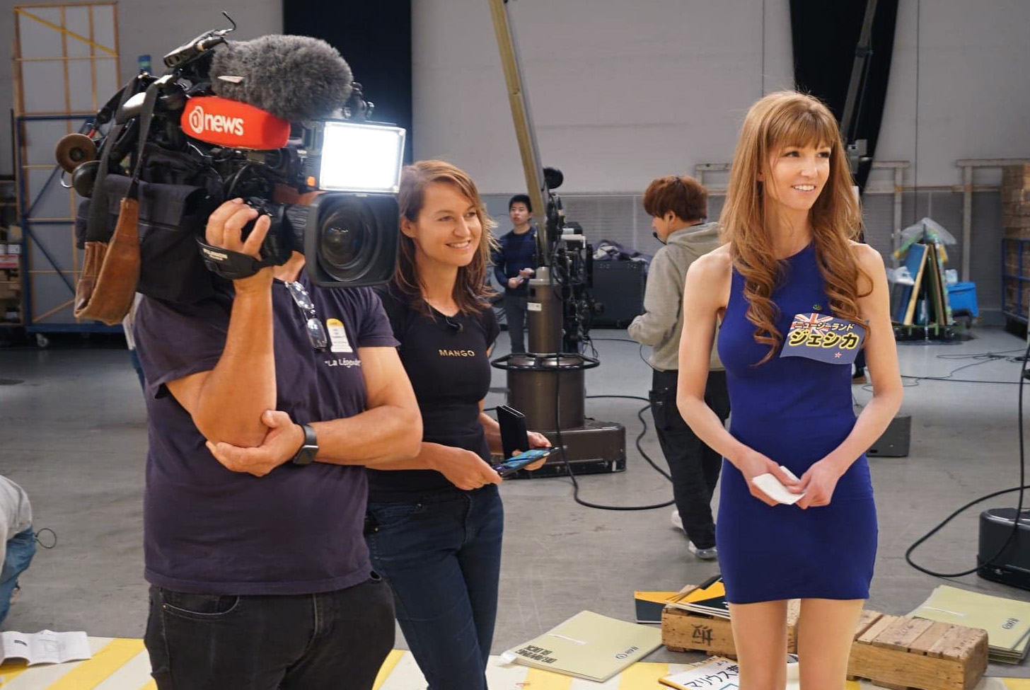 Gill,a cameraman and kimono model Jess Gerrity in a studio