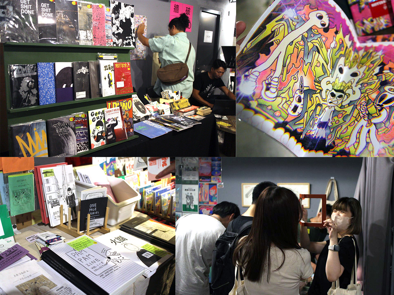 A montage of four photos showing magazines and festival goers at zine festival  Not Big Issue