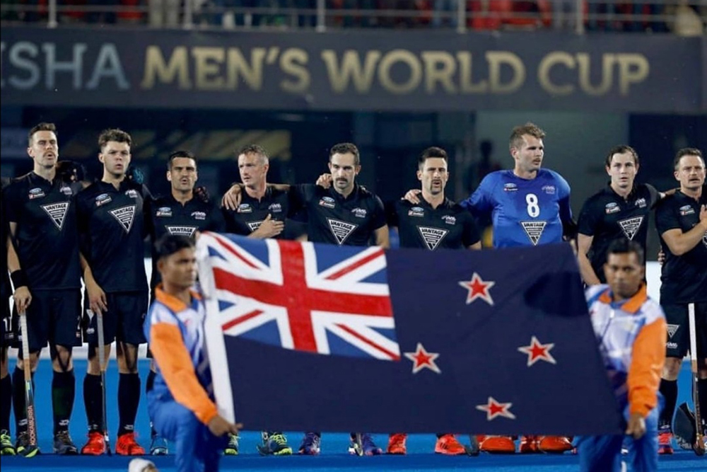 The New Zealand Hockey Team standing for the national anthem prior to the 2018 Hockey World Cup in Bhubeneshwar, Odisha, India