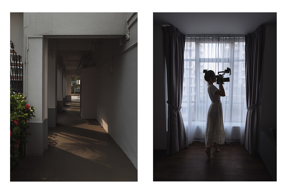 Two photos: one of a corridor at the famous Raffles hotel, the other of a woman with a video camera to her eye