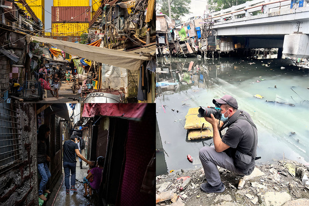 A montage of three photos showing Nicholas Jones taking photos in the streets of Todo, the philippines