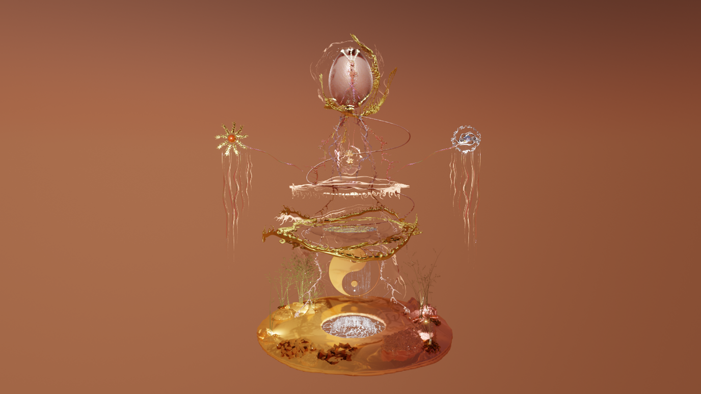 A still image from Being, Becoming with various symbols, including a Ying Yang and an egg