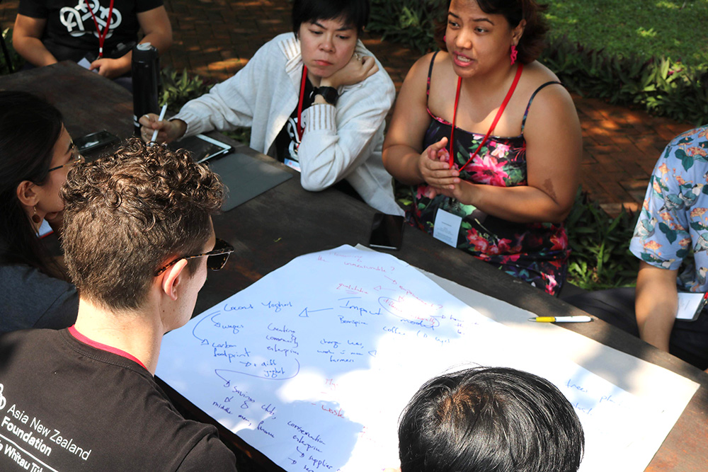 Adam writing notes on a large notepad while listening to a small group of people sitting around a table