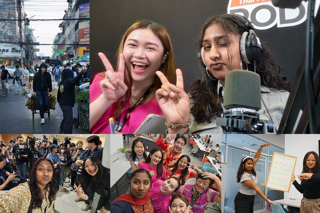 A montage of photos showing Anisha working and with colleagues in Thailand