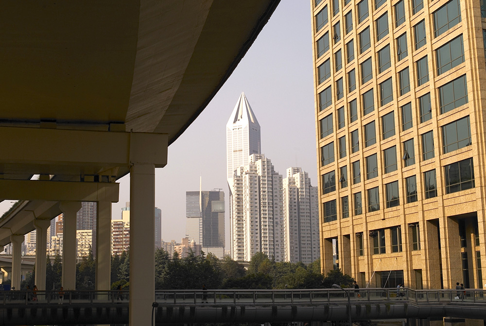 A view of the Beijing skyline from under an overpass