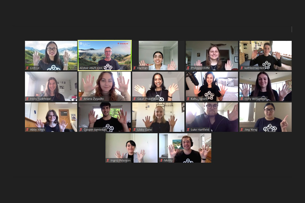 A screenshot of all the 2021/22 business interns  and Foundation staff appearing on a Zoom call