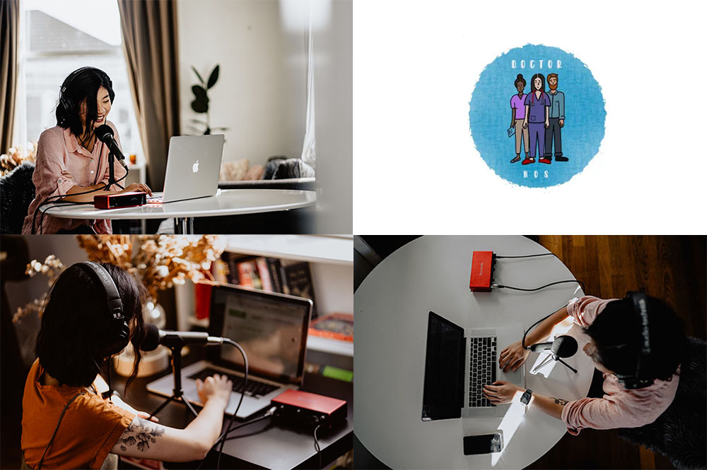 A montage of photos of Maple and the logo for her podcast