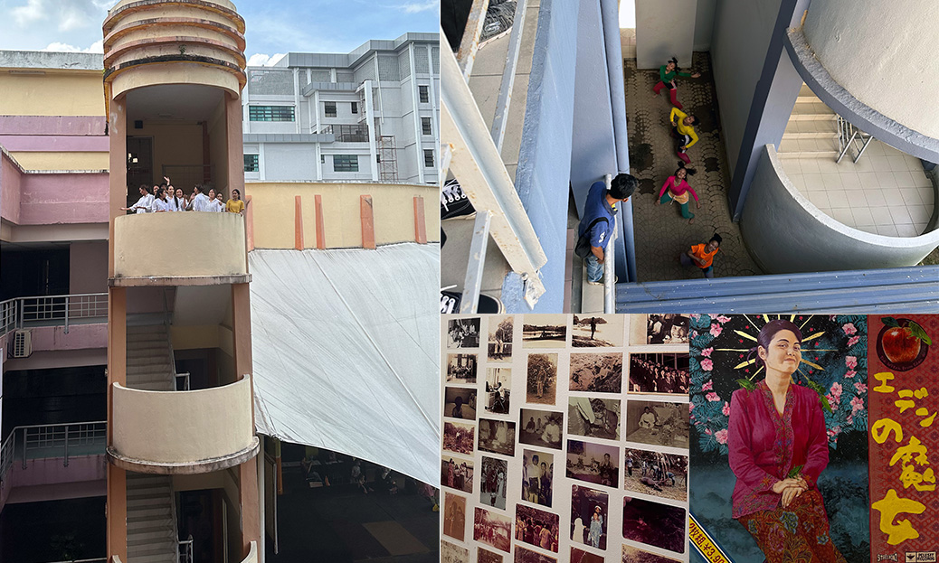 A montage of four photos showing a group of peope on a balcony, people dancing in a linkwell, a painting of a smiling woman and a collection of photos on a wall.