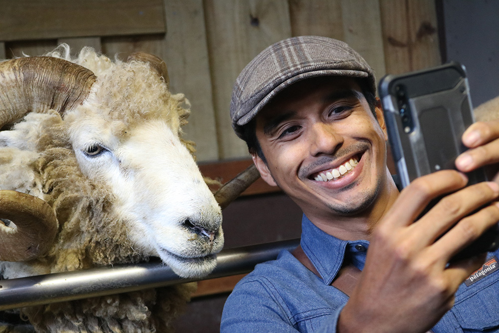 One of the entrepreneurs, Arthur Alipio, taking a selfie with a sheep at the Agrodome in Rotorua