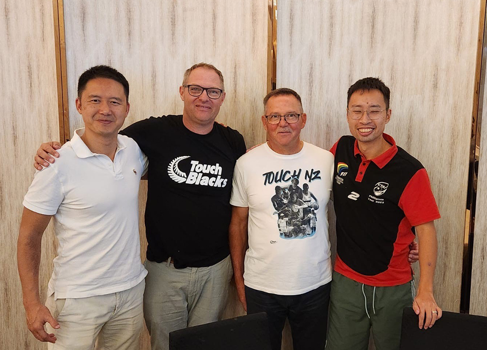 Stephen (Touch NZ Board Chair), Joe, Topy Xu (Japan) & Teng Zhu (China Touch)