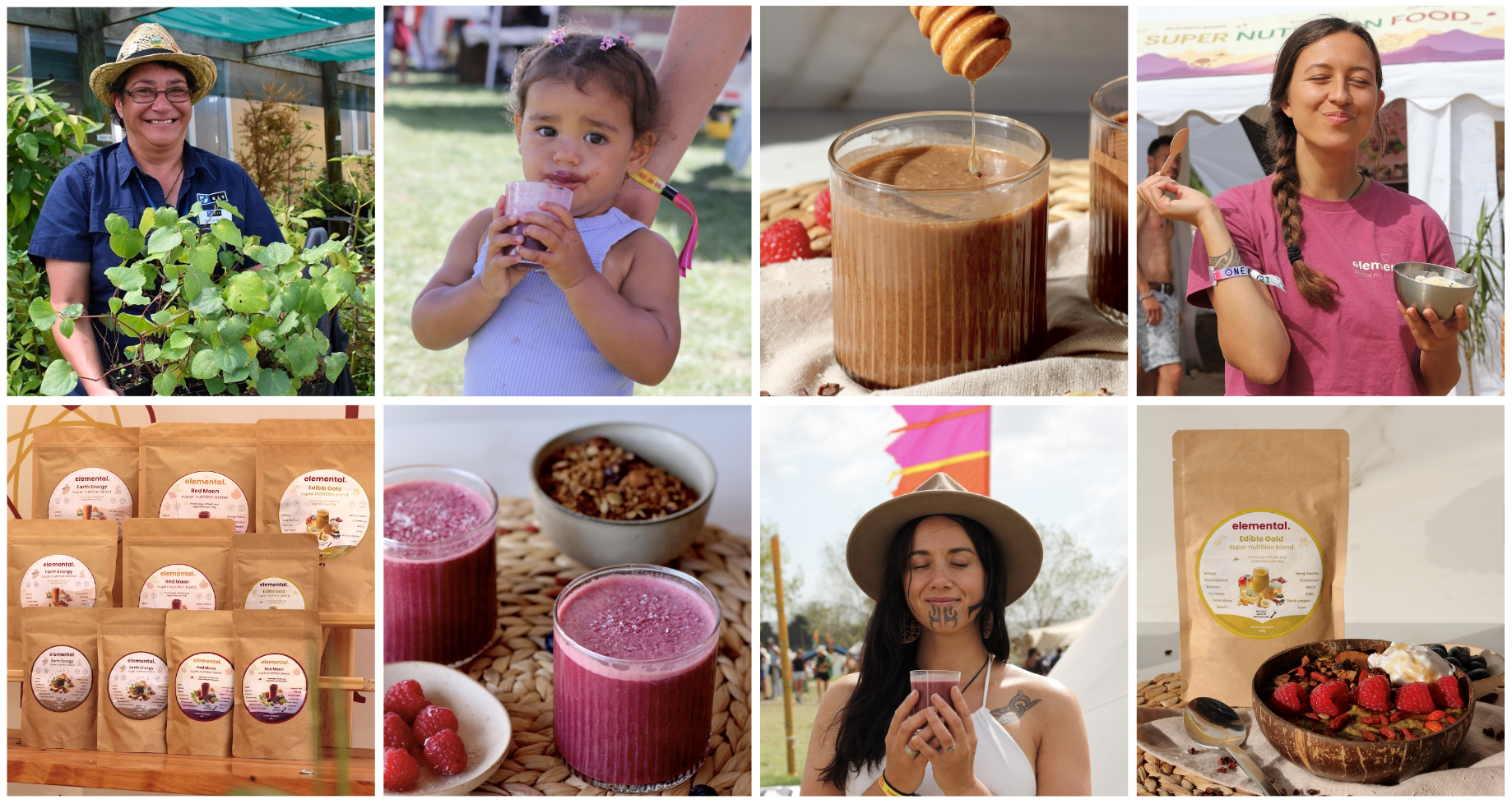 A montage of photos of food and people
