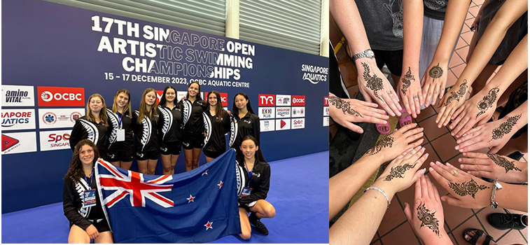Two photos - one of the team in their New Zealand uniforms and another of the girls' hands dyed with hena