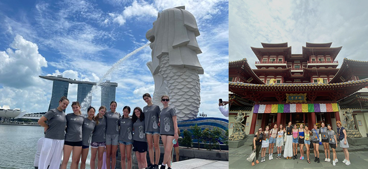 Two photos- one showing the team in front of Singapores famous Lion Mermaid fountain and another of them in front of a traditional Chinese-style building