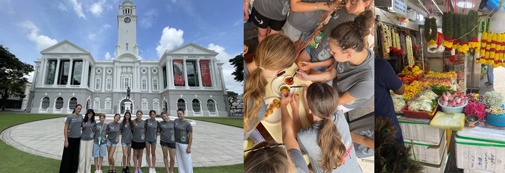 Three images - one of the team in front of a large colonial-era building, one of them eating food together and one of a stall selling flowers