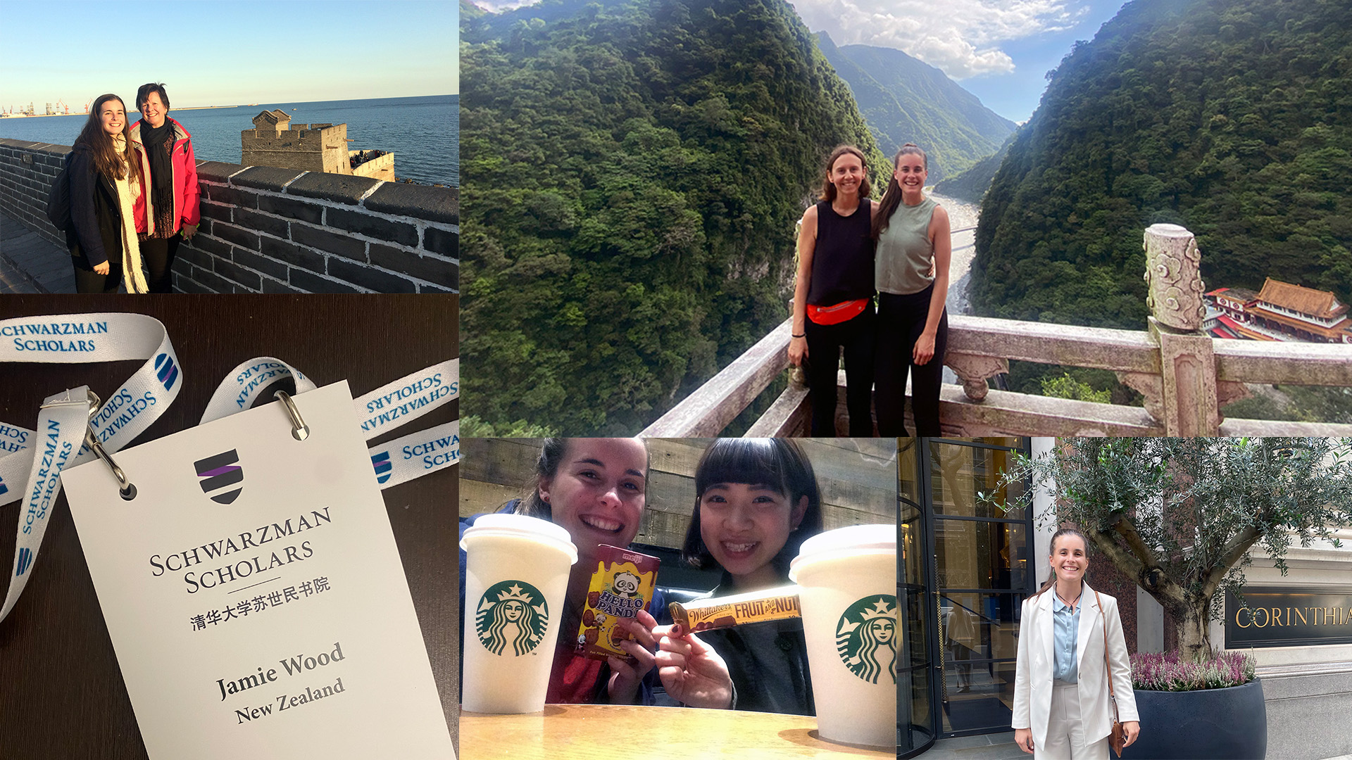 A montage of photos showing Jamie in scenic areas in Asia