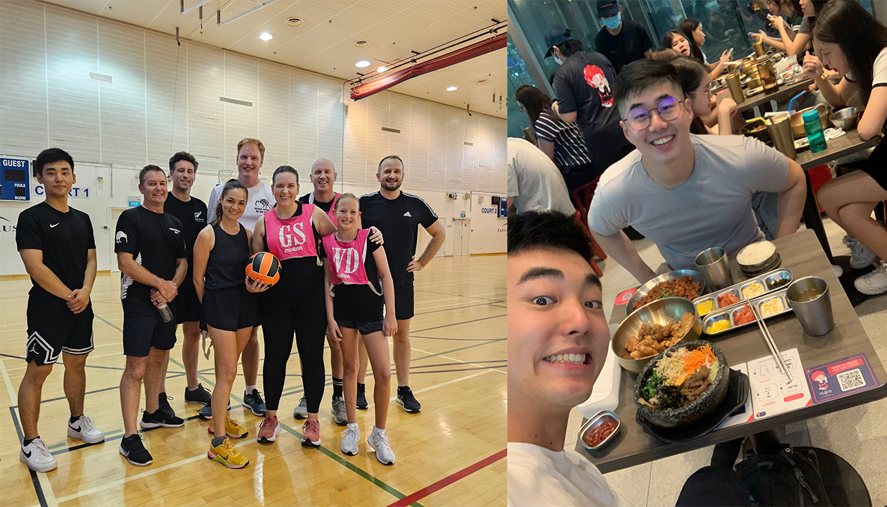 Two photos - one showing Christopher with a netball team he was part of in Singapore and one of him eating a meal at a restaurant with a friend