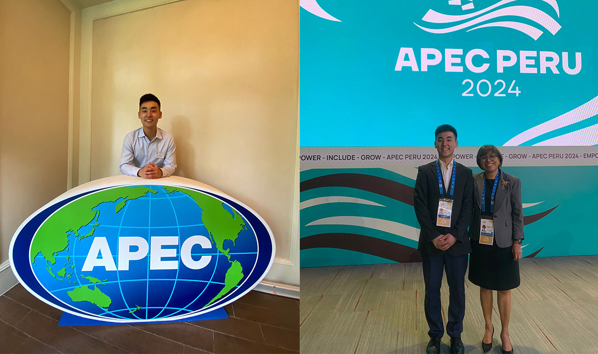 A montage of two photos - one showing Christopher leaning on an APEC sign and another of him with an APEC official in front of a sign for APEC Peru 2024