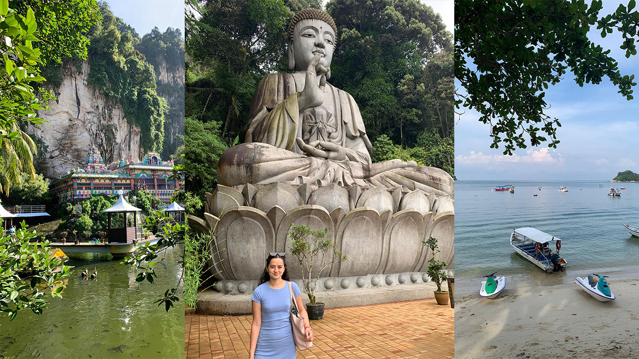 A montage of three photos - one showing a shrine by a body of water, one showing Noriko in front of a statue of a Biddah and another showing boats on a tropical beach with more boats in the water in the background
