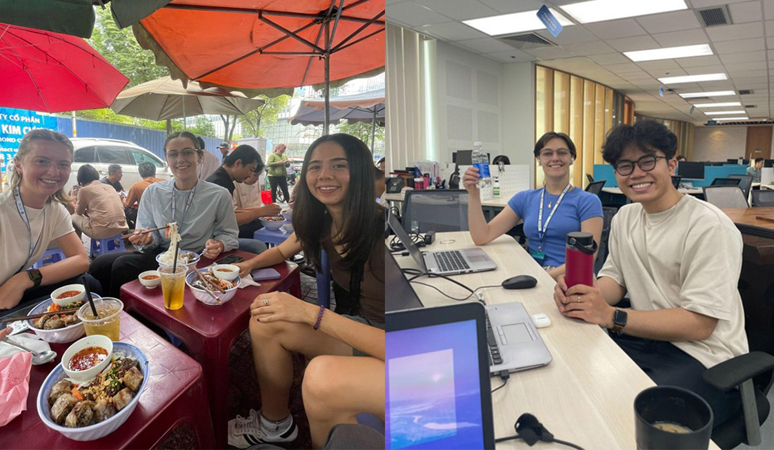 Two photos - one showing Sara and friends eating at an outdoor retsaurant and one showing her fellow intern Josie and a KPMG colleague