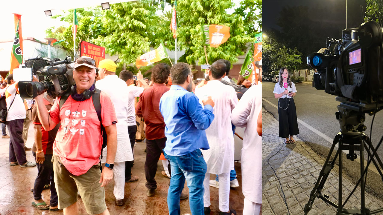 Two photos - one showing a cameraman among a crowd of people and another of Corozon speaking to a camera set up on a street