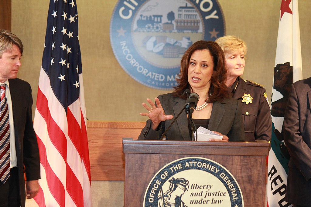 Kamala Harris speaking at a dias