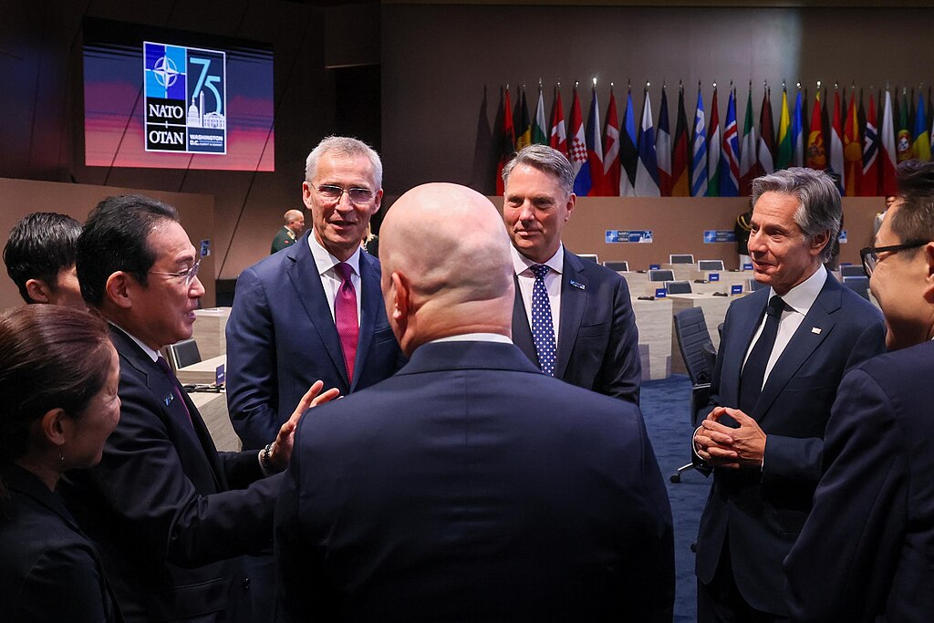 Former Japanese prime minister Kishida Fumio speaking to a group at the 2024 Nato Summit