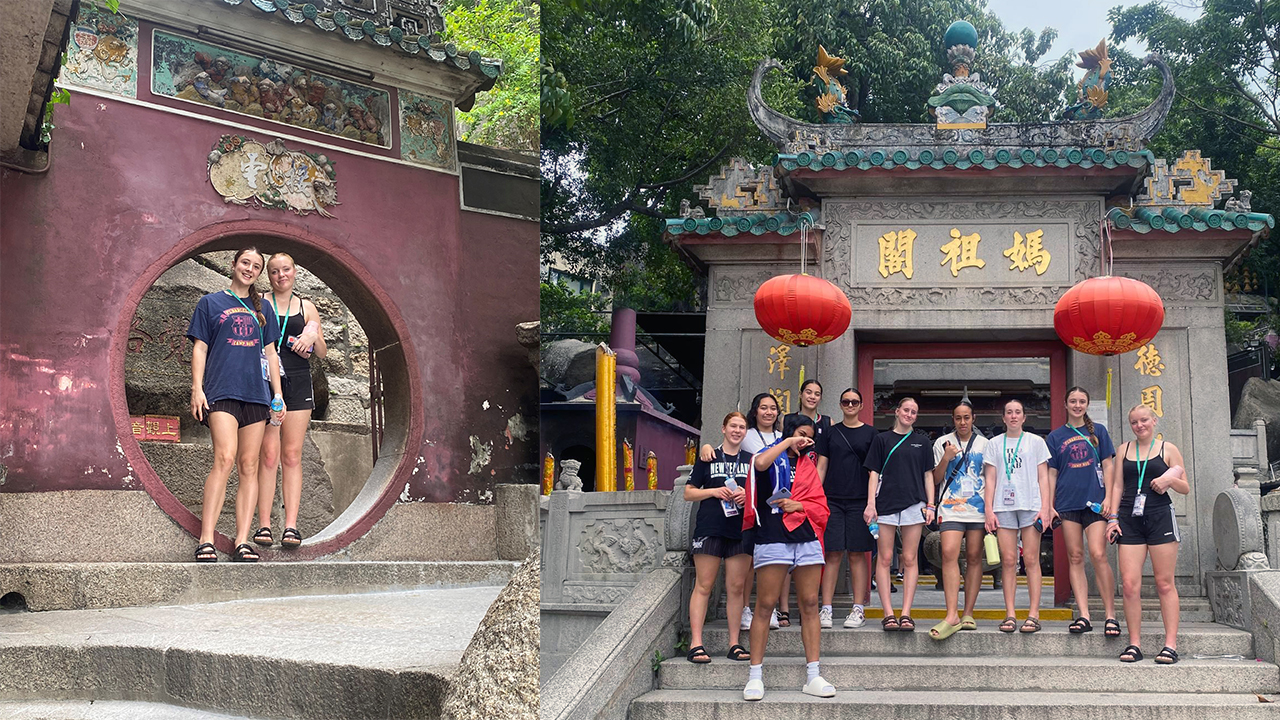 Two photos - one showing two of the Westlake girls standing in a circle entranceway of a temple and the other the whole team posing in frontof a temple gate