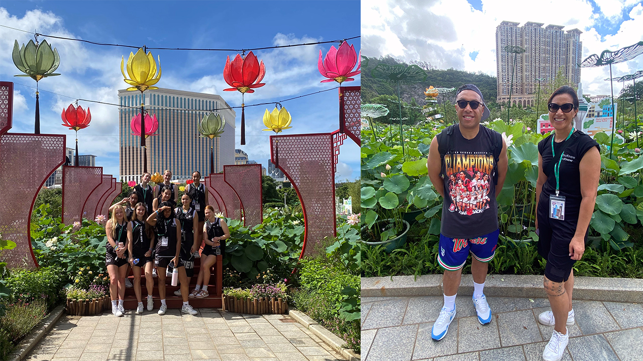 Two photos - one showing the team at the lotus gardens and two of the coaches posing for a photo in front of lily flowers