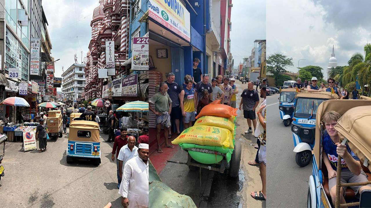 A montage of three photos showing the team in tuk tuks and on the streets of Colombo