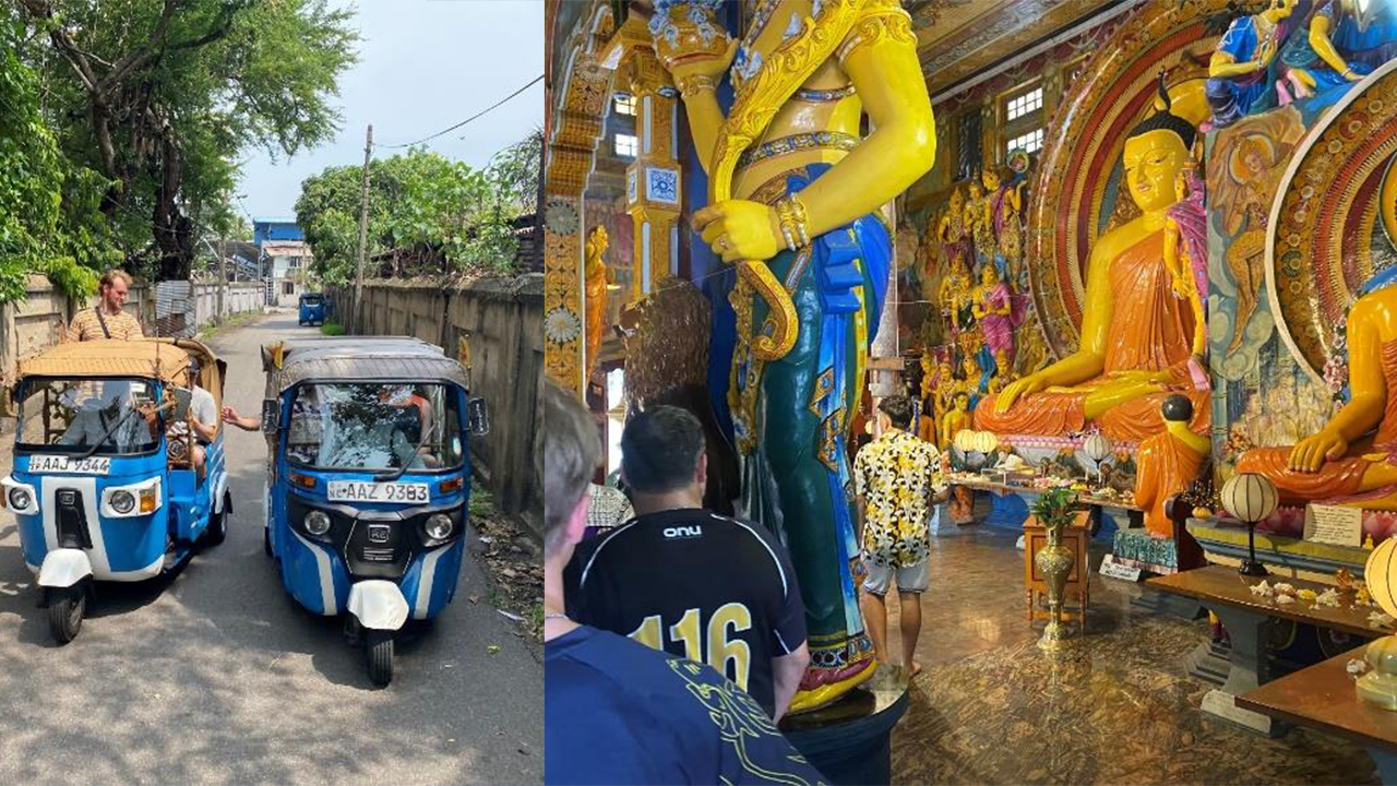 Two photos - one showing players in two tuk tuks and another showing payers looking at a Budha statue in a shrine