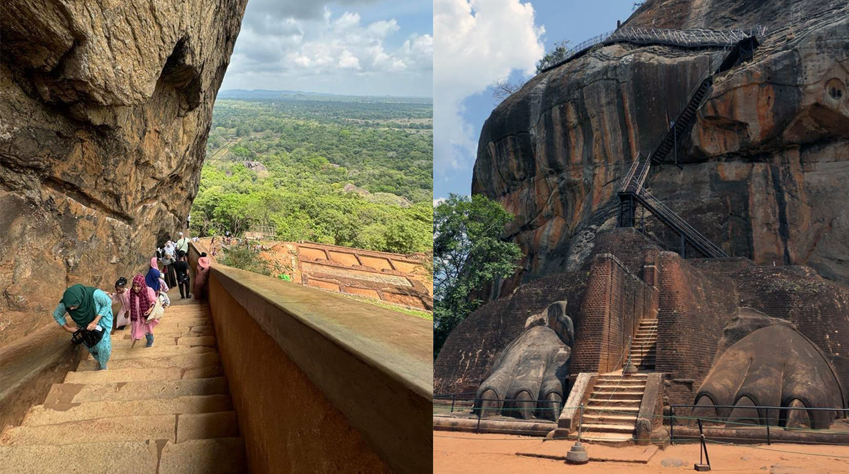 Two photos showing the stairs climbing  Lion Rock