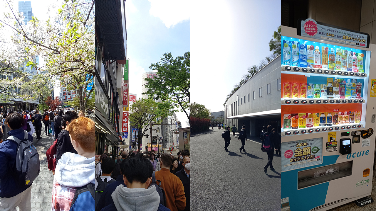 A montage of boys walking down the street and a vending machine