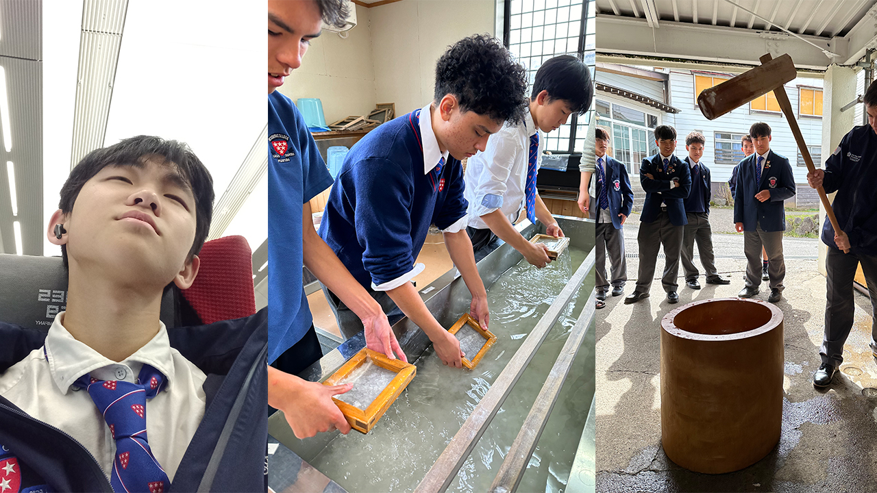 A montage of three photos, one showing a boy sleeping on a train, one boys rinsing paper-making trays in a trough of water and the third showing a boy pounding something with a large wooden mallet
