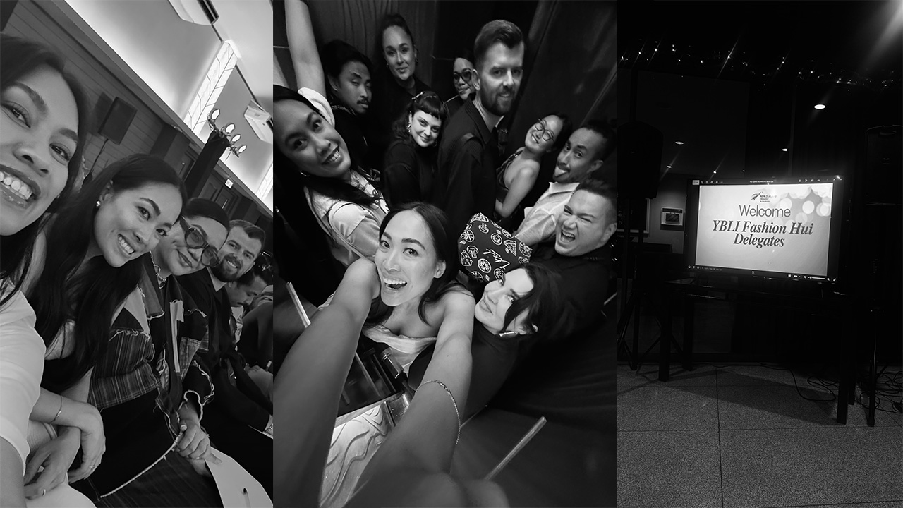 A montage of threeblack and white photos showing the group taking photos and a sign welcoming them to the Philippines