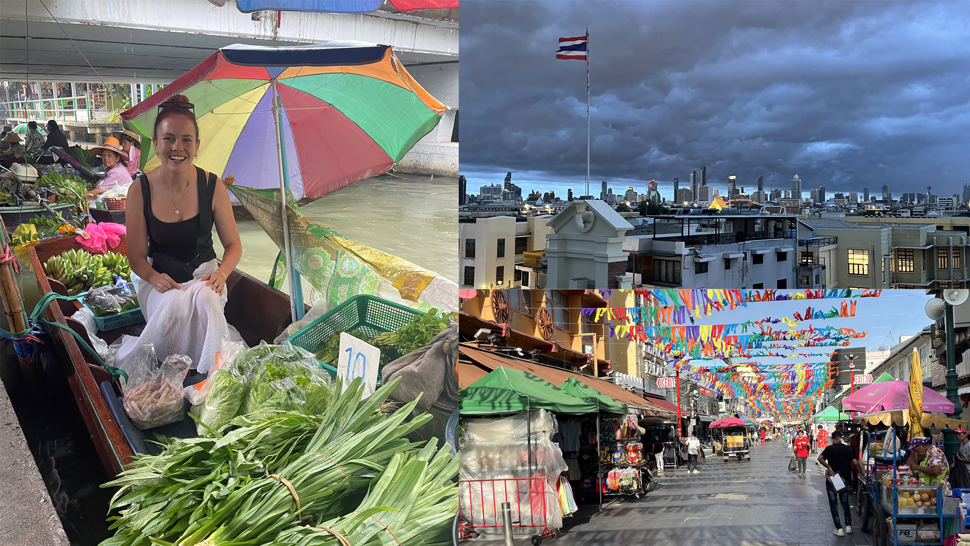 A photo of Bella at a vegetable market and another shot of a stall-lined street with fluttering flags