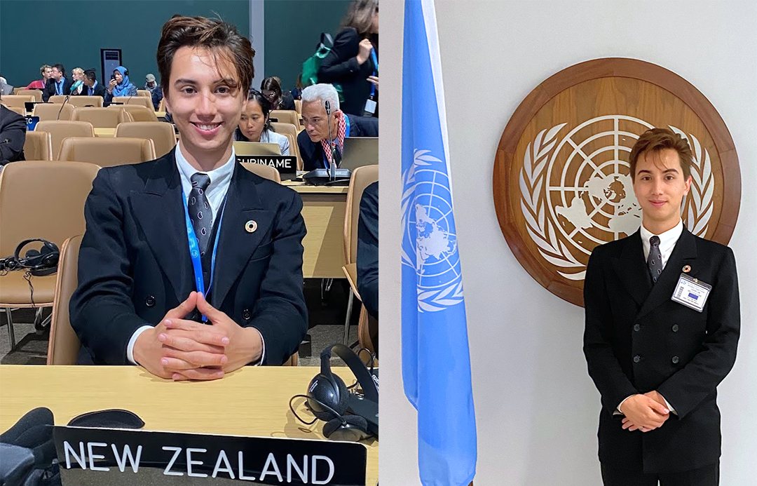 Two photos of Leonardo - one stting in a conference room with a New Zealand country nameplate in front of him and another photo of Leonardo standing in front ot the UN insignia