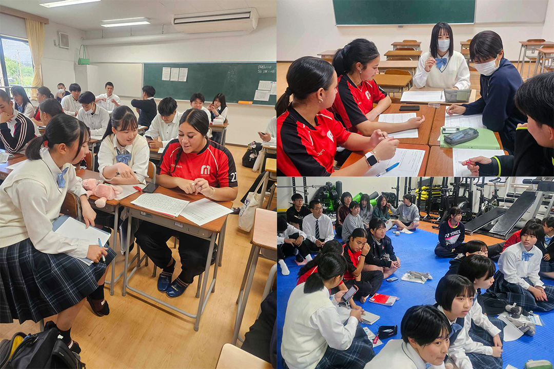 A montage of three photos showing the team engaging in class with Japanese students