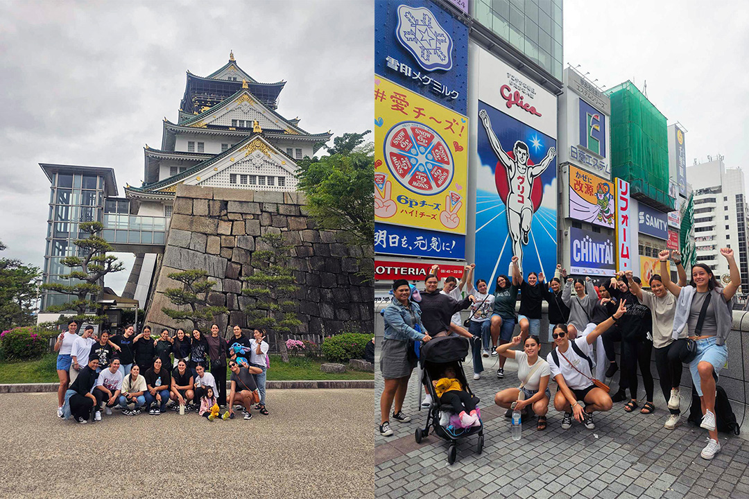 The team visiting a shrine in Kyoto (left) and another of the team posing in front of large billboards in downtown Osaka