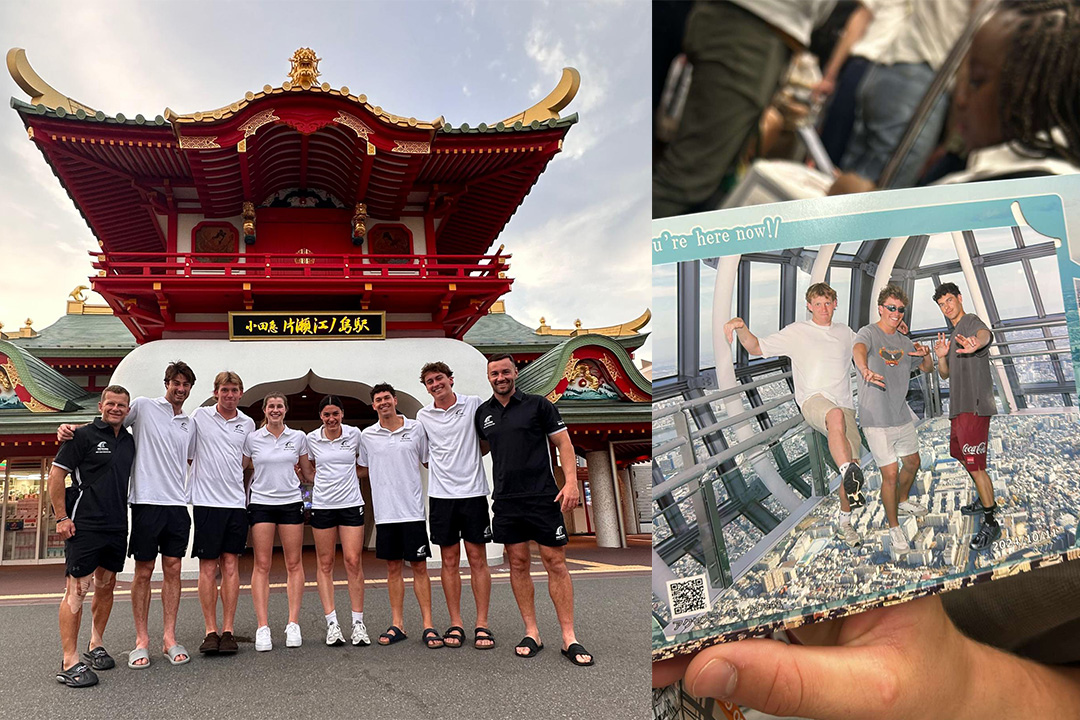 Two photos: one showing the NZ athletes arm in arm in front of a pagoda and the other showing three of them standing on the glass deck of the Tokyo Skytree