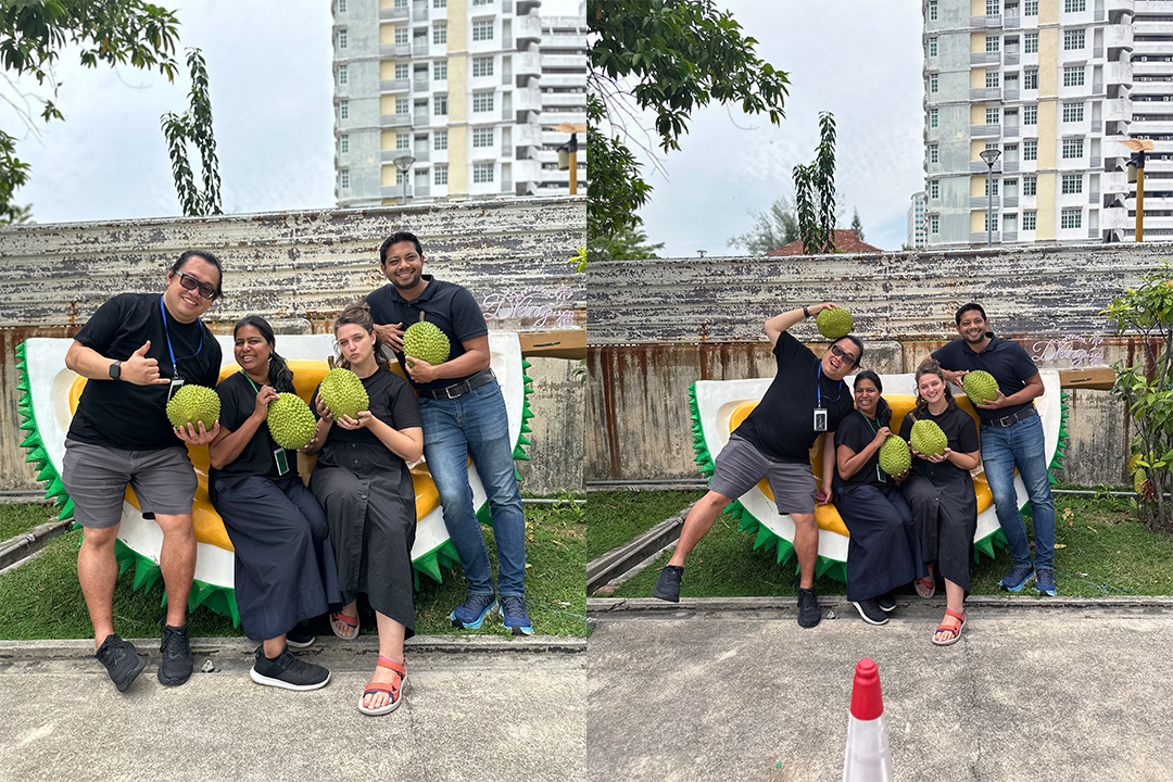 Two photos of a group of four people posing with durians (fruit)