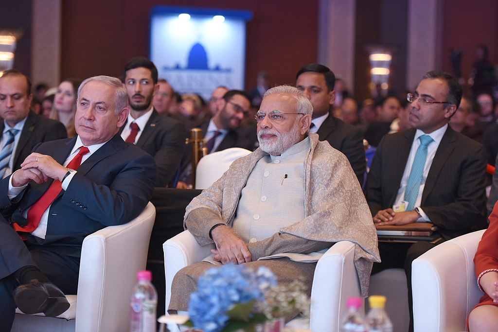 Indian Prime Minister Narendra Modi sitting alongside the prime minister of Israel, Benjamin Netenyahu