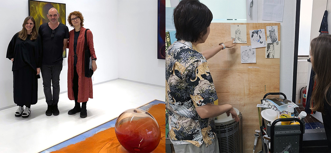 Two photos: one showing Cheleas and two other people in a gallery space, the other a woman pointing to a sketch on a pinboard, watched by Chelsea