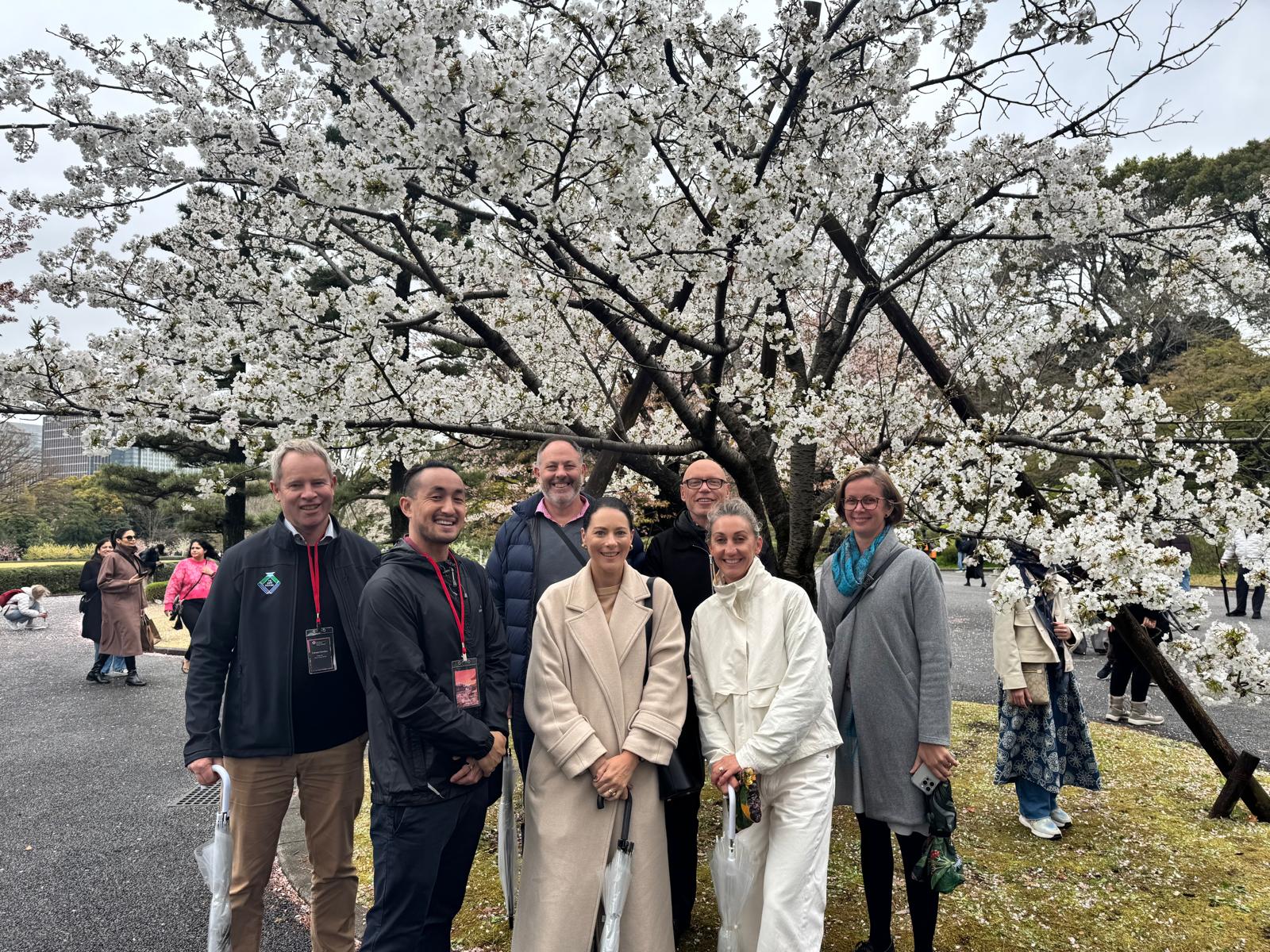 The delegates standing in front of a blossoming cherry tree