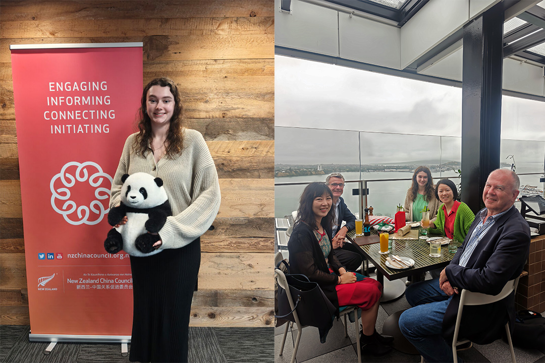 Two photos: one of Emilia holding a toy panda bear in front of a NZCC banner; and the other Emilia and NZCC staff and board memberws having Christmas lunch